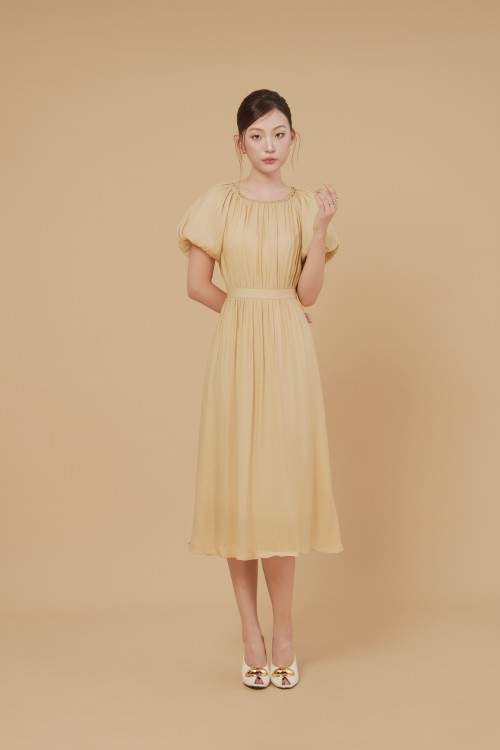 Sixdo Dark Beige Organza Flared Dress
